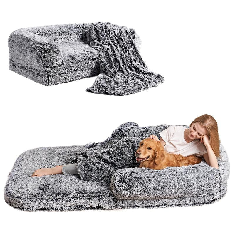EHEYCIGA Foldable Human Dog Bed for Adult Orthopedic Memory Foam with Faux Fur Plush Cover & Waterproof Liner Includes Matching Blanket for Cozy Rest