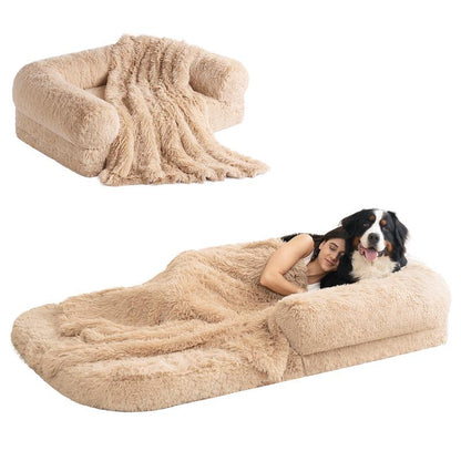 EHEYCIGA Foldable Human Dog Bed for Adult Orthopedic Memory Foam with Faux Fur Plush Cover & Waterproof Liner Includes Matching Blanket for Cozy Rest