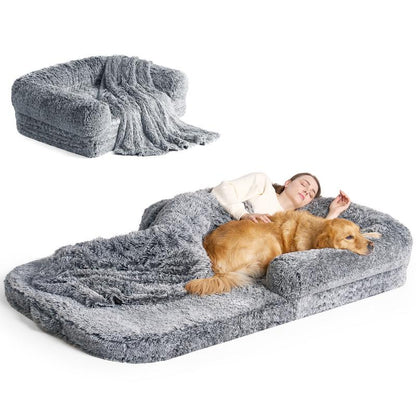 EHEYCIGA Foldable Human Dog Bed for Adult Orthopedic Memory Foam with Faux Fur Plush Cover & Waterproof Liner Includes Matching Blanket for Cozy Rest