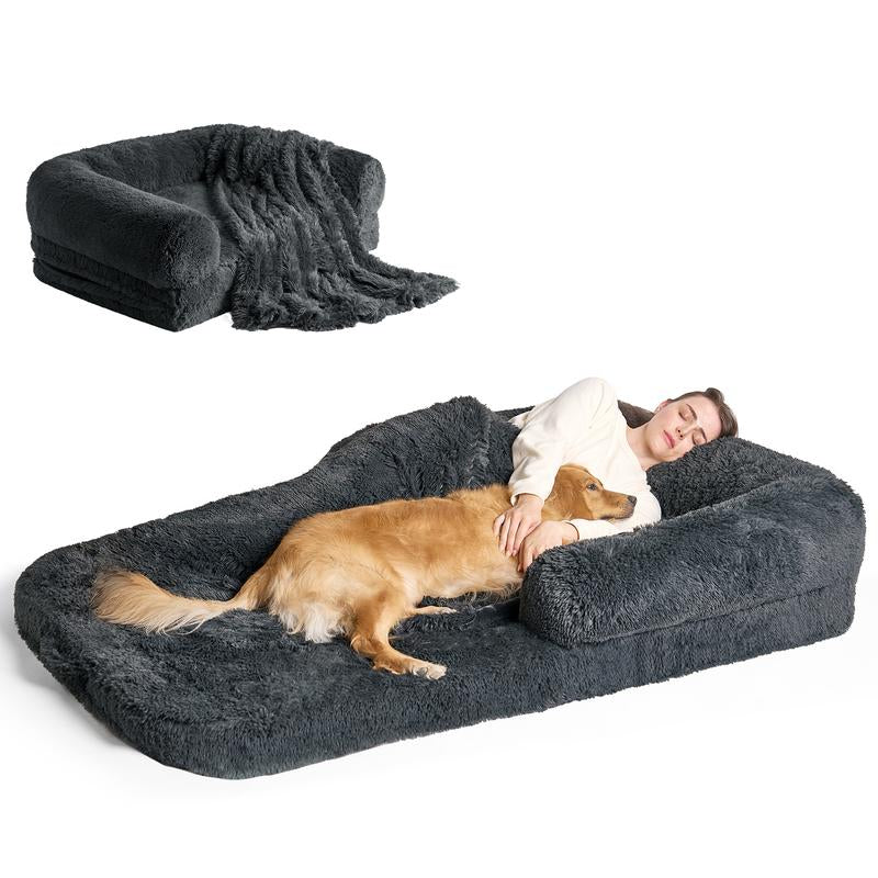 EHEYCIGA Foldable Human Dog Bed for Adult Orthopedic Memory Foam with Faux Fur Plush Cover & Waterproof Liner Includes Matching Blanket for Cozy Rest