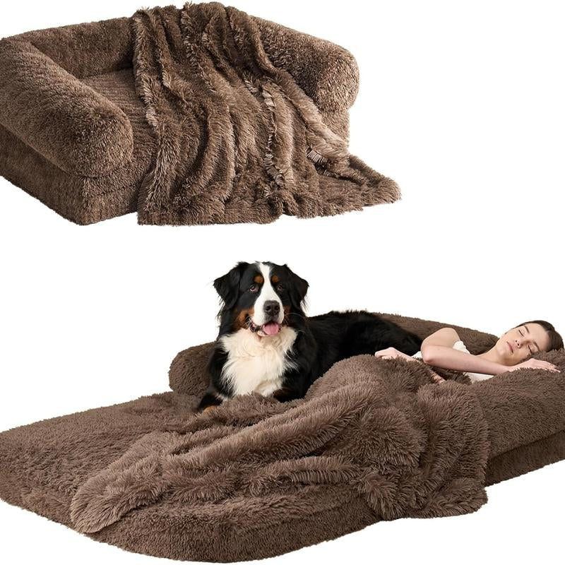 EHEYCIGA Foldable Human Dog Bed for Adult Orthopedic Memory Foam with Faux Fur Plush Cover & Waterproof Liner Includes Matching Blanket for Cozy Rest