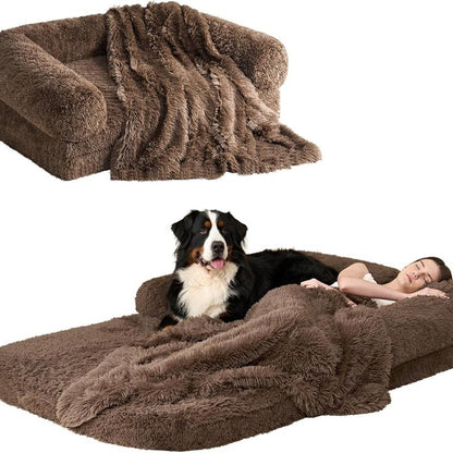 EHEYCIGA Foldable Human Dog Bed for Adult Orthopedic Memory Foam with Faux Fur Plush Cover & Waterproof Liner Includes Matching Blanket for Cozy Rest