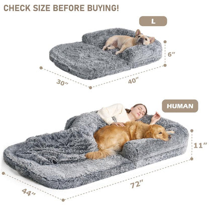 EHEYCIGA Foldable Human Dog Bed for Adult Orthopedic Memory Foam with Faux Fur Plush Cover & Waterproof Liner Includes Matching Blanket for Cozy Rest