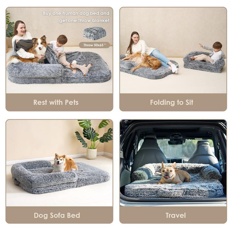EHEYCIGA Foldable Human Dog Bed for Adult Orthopedic Memory Foam with Faux Fur Plush Cover & Waterproof Liner Includes Matching Blanket for Cozy Rest