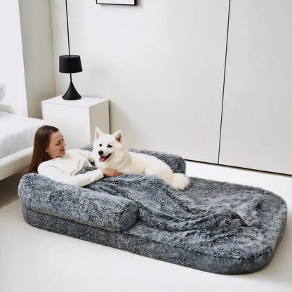 EHEYCIGA Foldable Human Dog Bed for Adult Orthopedic Memory Foam with Faux Fur Plush Cover & Waterproof Liner Includes Matching Blanket for Cozy Rest