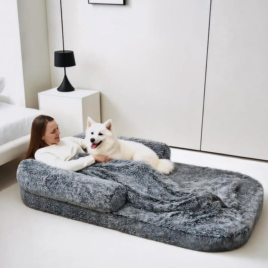 EHEYCIGA Foldable Human Dog Bed for Adult Orthopedic Memory Foam with Faux Fur Plush Cover & Waterproof Liner Includes Matching Blanket for Cozy Rest