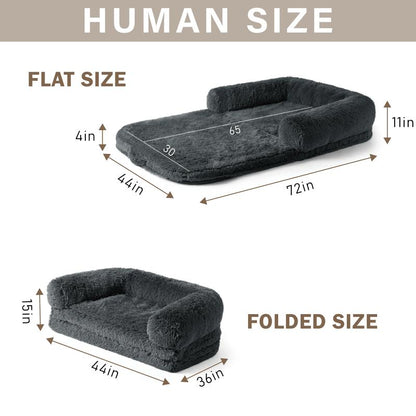 EHEYCIGA Foldable Human Dog Bed for Adult Orthopedic Memory Foam with Faux Fur Plush Cover & Waterproof Liner Includes Matching Blanket for Cozy Rest